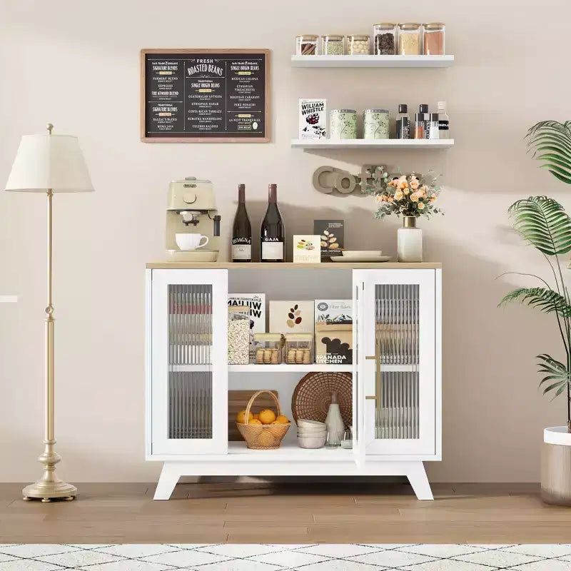 Meuble Buffet avec Rangement, Buffet 36" avec Porte en Verre Cannelé, Station de Café Rétro avec Étagère Réglable, Naturel