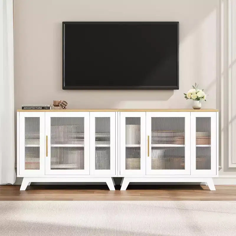 Meuble Buffet avec Rangement, Buffet 36" avec Porte en Verre Cannelé, Station de Café Rétro avec Étagère Réglable, Naturel