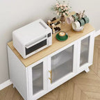 Meuble Buffet avec Rangement, Buffet 36" avec Porte en Verre Cannelé, Station de Café Rétro avec Étagère Réglable, Naturel