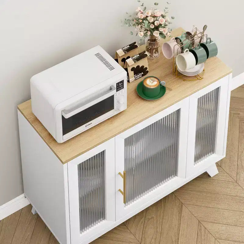 Meuble Buffet avec Rangement, Buffet 36" avec Porte en Verre Cannelé, Station de Café Rétro avec Étagère Réglable, Naturel