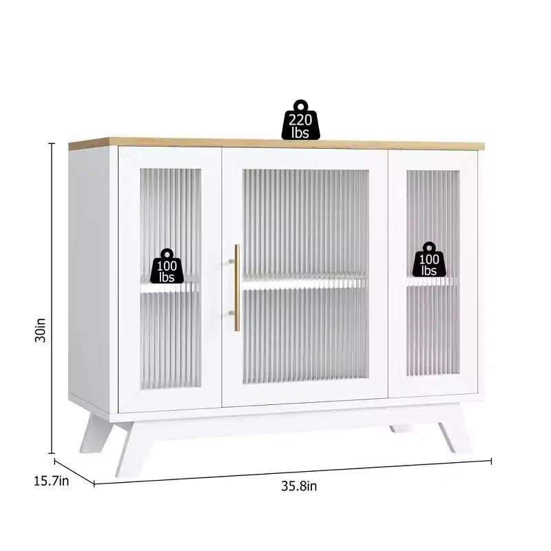 Meuble Buffet avec Rangement, Buffet 36" avec Porte en Verre Cannelé, Station de Café Rétro avec Étagère Réglable, Naturel