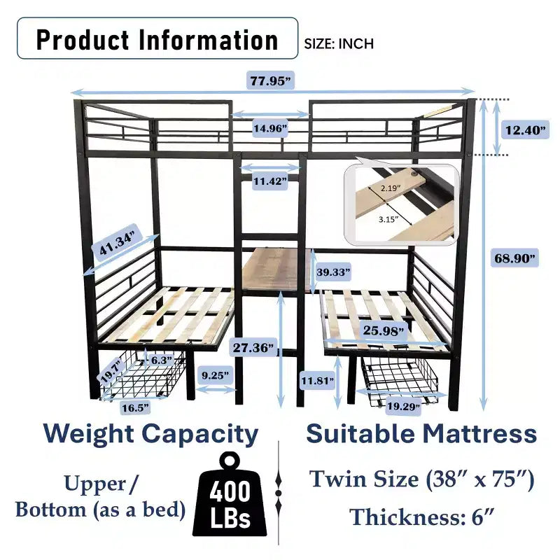 Lit superposé convertible double/grand format avec bureau, lits superposés en métal qui se transforment en espace d'étude, lit mezzanine robuste pour enfants et adolescents