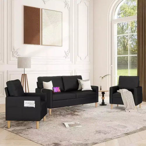 TYBOATLE 66 Black Faux Leather Loveseat Sofa with USB, Mid-Century Modern Tufted 2-Seater Couch with 2 Chairs for Small Space, Apartment, Dorm