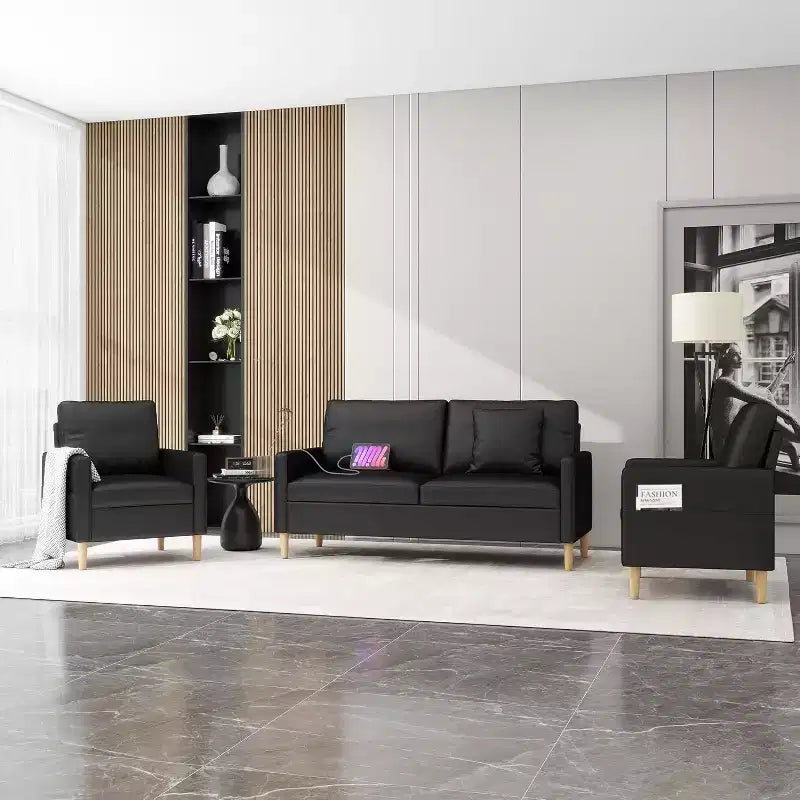 Canapé causeuse en simili cuir noir de 66 po avec port USB, canapé 2 places capitonné de style moderne du milieu du siècle avec 2 chaises pour petit espace, appartement, dortoir