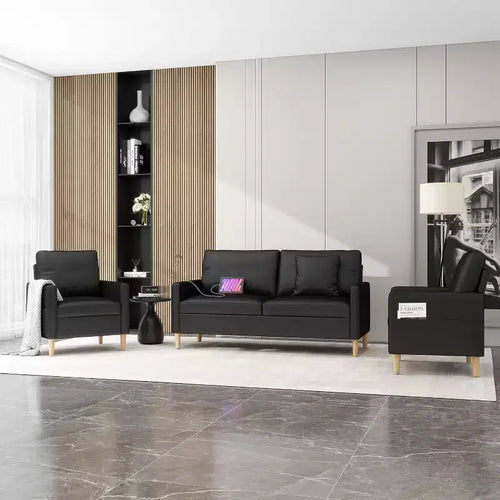 Canapé causeuse en simili cuir noir de 66 po avec port USB, canapé 2 places capitonné de style moderne du milieu du siècle avec 2 chaises pour petit espace, appartement, dortoir