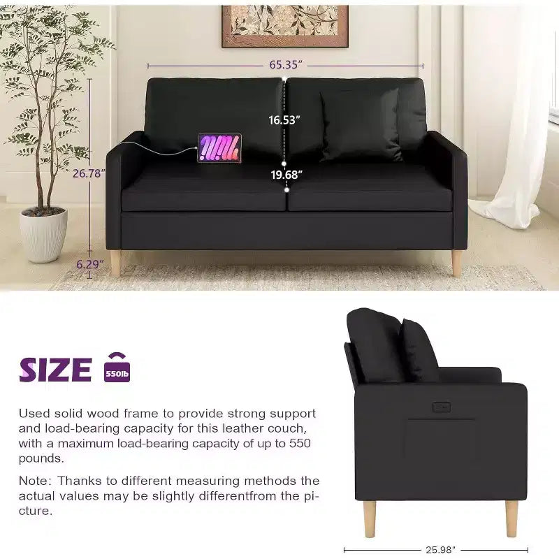 Canapé causeuse en simili cuir noir de 66 po avec port USB, canapé 2 places capitonné de style moderne du milieu du siècle avec 2 chaises pour petit espace, appartement, dortoir