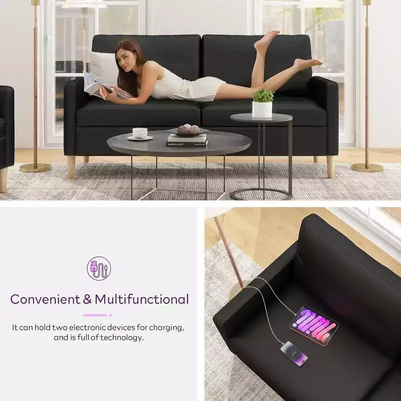 Canapé causeuse en simili cuir noir de 66 po avec port USB, canapé 2 places capitonné de style moderne du milieu du siècle avec 2 chaises pour petit espace, appartement, dortoir