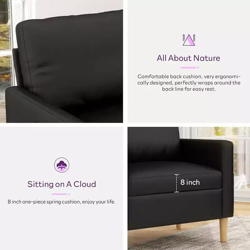 Canapé causeuse en simili cuir noir de 66 po avec port USB, canapé 2 places capitonné de style moderne du milieu du siècle avec 2 chaises pour petit espace, appartement, dortoir