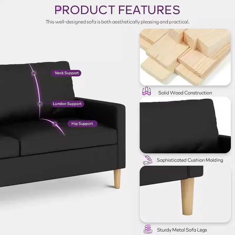 Canapé causeuse en simili cuir noir de 66 po avec port USB, canapé 2 places capitonné de style moderne du milieu du siècle avec 2 chaises pour petit espace, appartement, dortoir