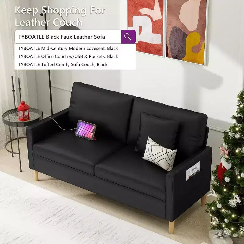 Canapé causeuse en simili cuir noir de 66 po avec port USB, canapé 2 places capitonné de style moderne du milieu du siècle avec 2 chaises pour petit espace, appartement, dortoir