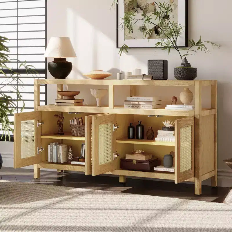 Meuble de rangement buffet en rotin style bohème avec cadre en bois massif