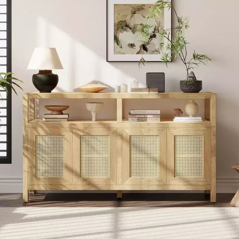 Meuble de rangement buffet en rotin style bohème avec cadre en bois massif