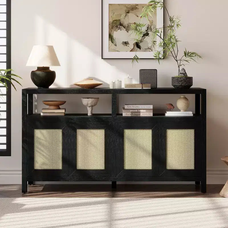 Meuble de rangement buffet en rotin style bohème avec cadre en bois massif