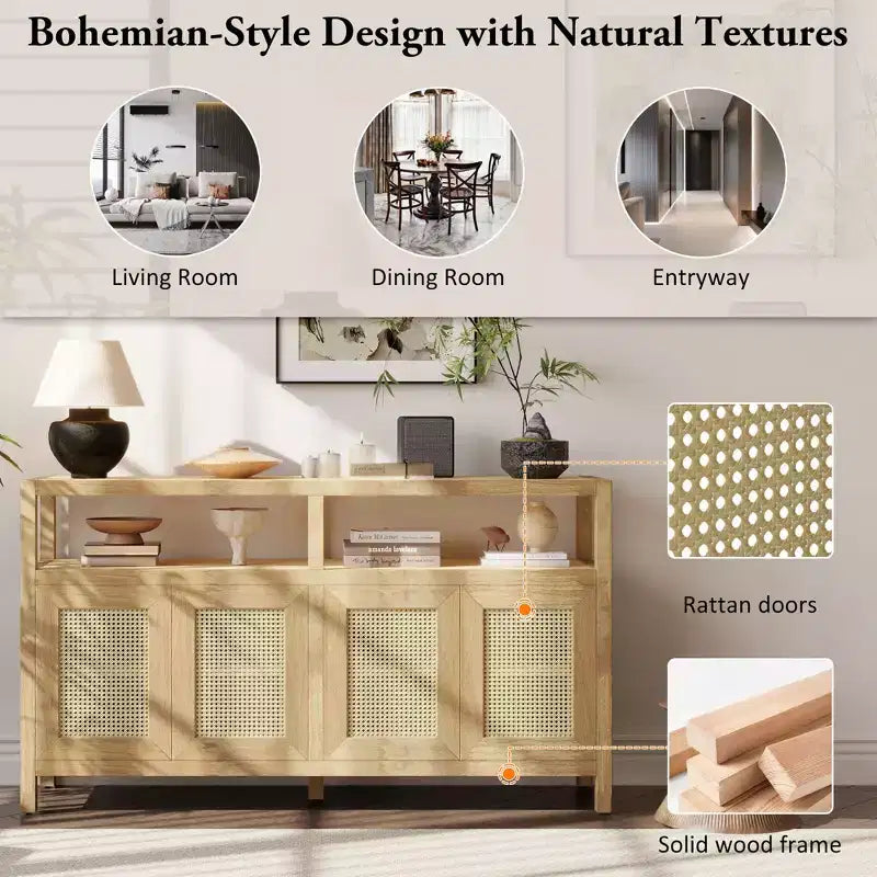 Meuble de rangement buffet en rotin style bohème avec cadre en bois massif