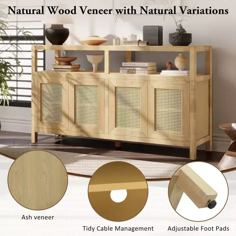 Meuble de rangement buffet en rotin style bohème avec cadre en bois massif