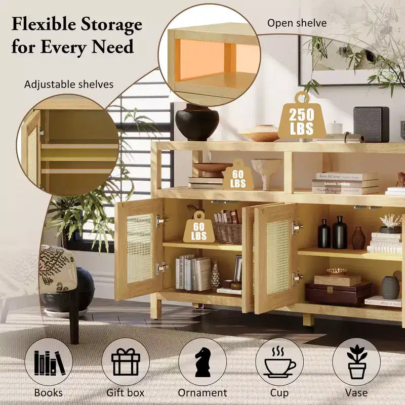Meuble de rangement buffet en rotin style bohème avec cadre en bois massif