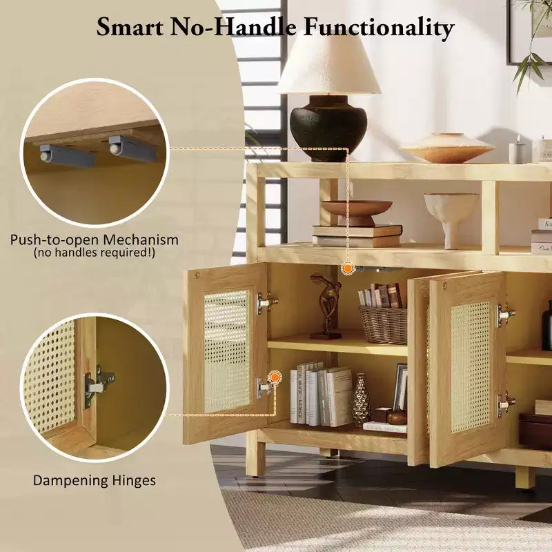 Meuble de rangement buffet en rotin style bohème avec cadre en bois massif