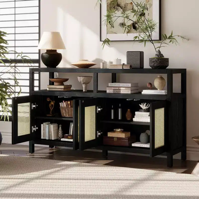 Meuble de rangement buffet en rotin style bohème avec cadre en bois massif