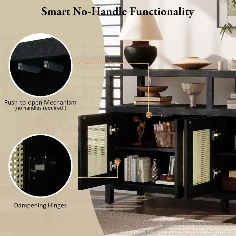 Meuble de rangement buffet en rotin style bohème avec cadre en bois massif