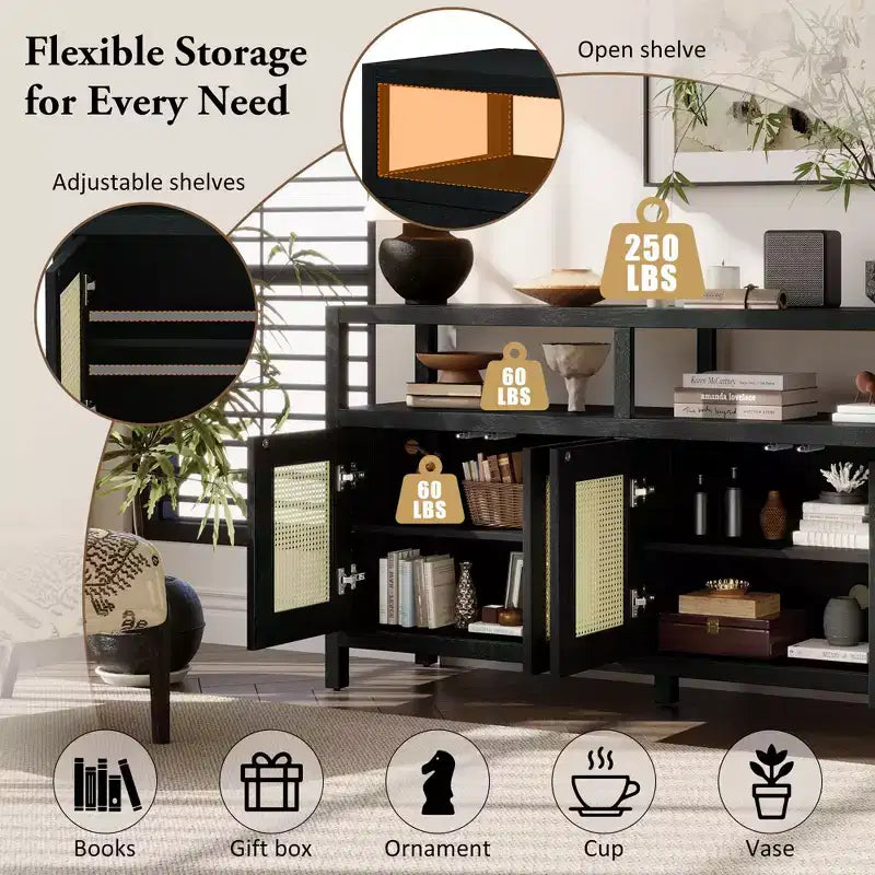 Meuble de rangement buffet en rotin style bohème avec cadre en bois massif