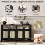 Meuble de rangement buffet en rotin style bohème avec cadre en bois massif