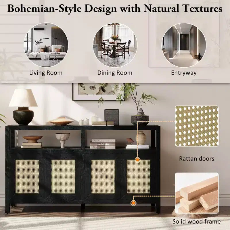 Meuble de rangement buffet en rotin style bohème avec cadre en bois massif