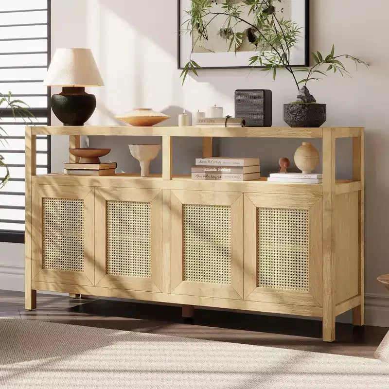 Meuble de rangement buffet en rotin style bohème avec cadre en bois massif