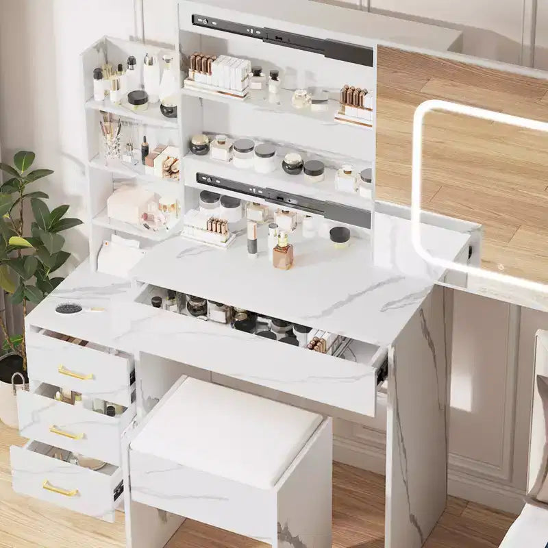 Coiffeuse avec lumières LED, Coiffeuse avec miroir coulissant, Table de maquillage avec tiroirs