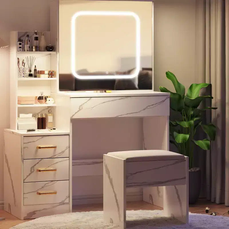 Coiffeuse avec lumières LED, Coiffeuse avec miroir coulissant, Table de maquillage avec tiroirs