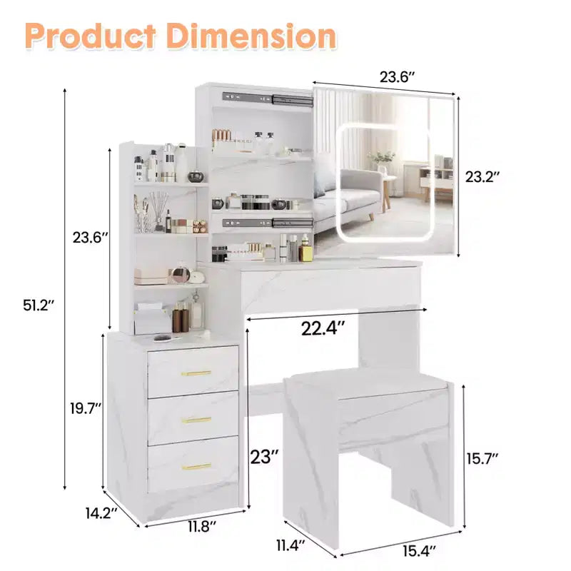 Coiffeuse avec lumières LED, Coiffeuse avec miroir coulissant, Table de maquillage avec tiroirs