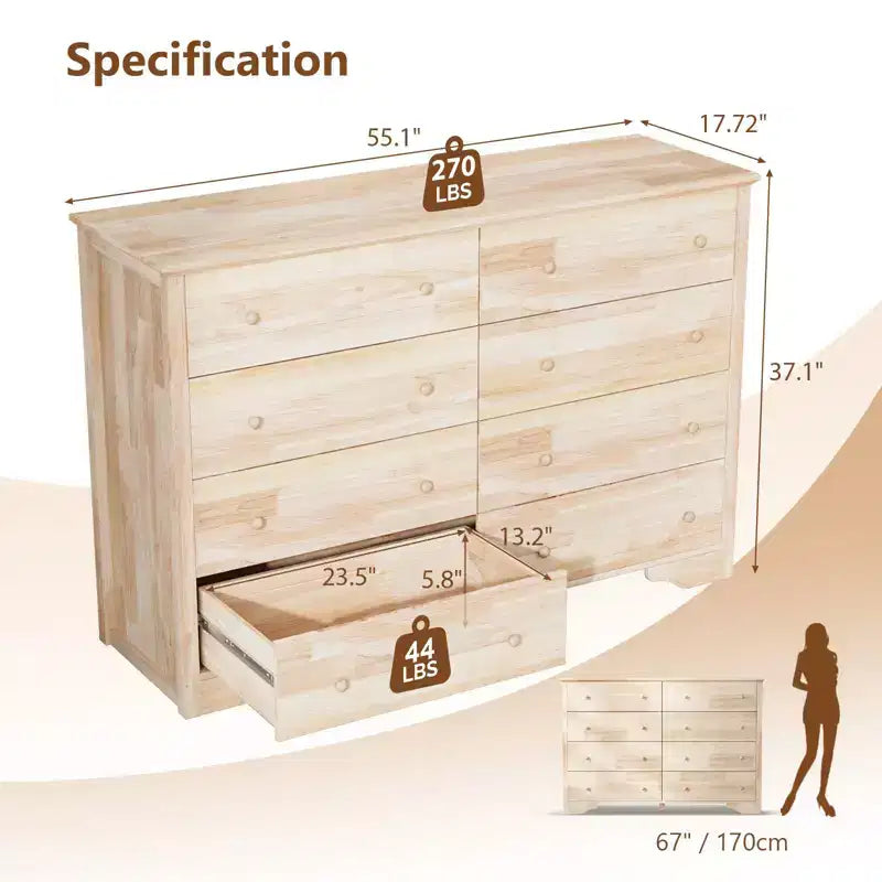 Commode 8 tiroirs en MDF marron de 140 cm de large