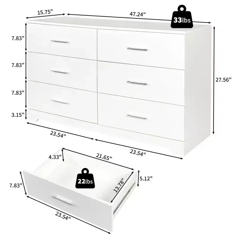 Commode 6 tiroirs en panneaux de particules blancs de 120 cm de large