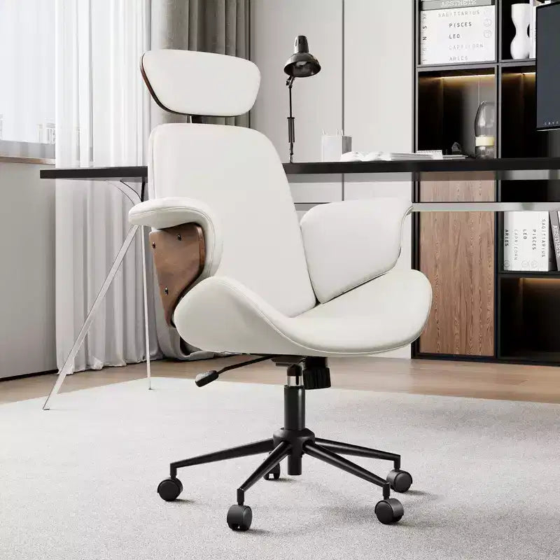 Chaise de bureau à roulettes, fauteuil pivotant en cuir PU, accoudoirs en bois courbé, réglable en hauteur