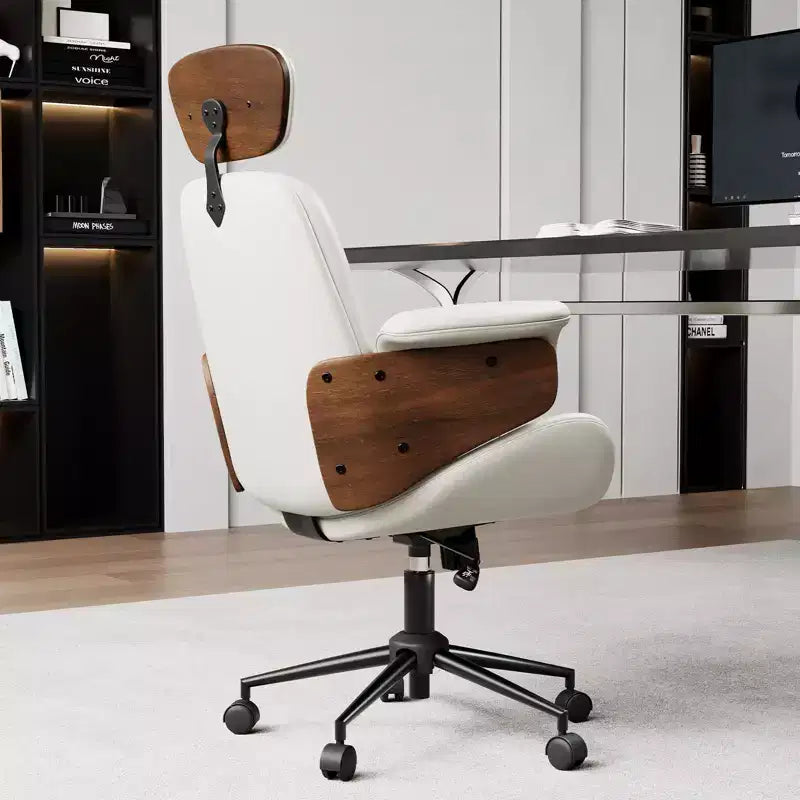 Chaise de bureau à roulettes, fauteuil pivotant en cuir PU, accoudoirs en bois courbé, réglable en hauteur