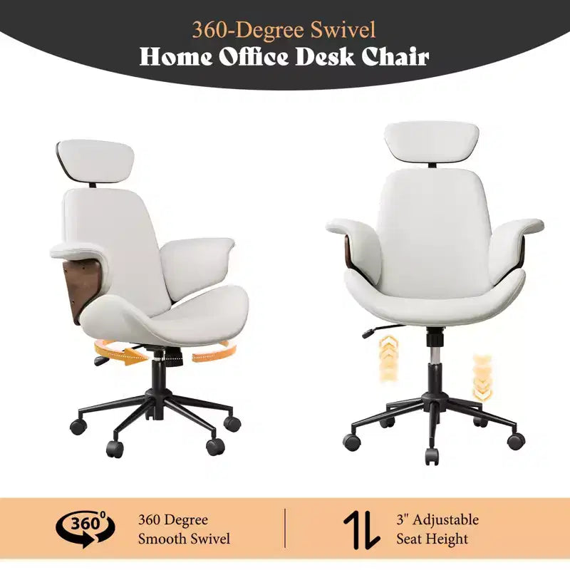 Chaise de bureau à roulettes, fauteuil pivotant en cuir PU, accoudoirs en bois courbé, réglable en hauteur