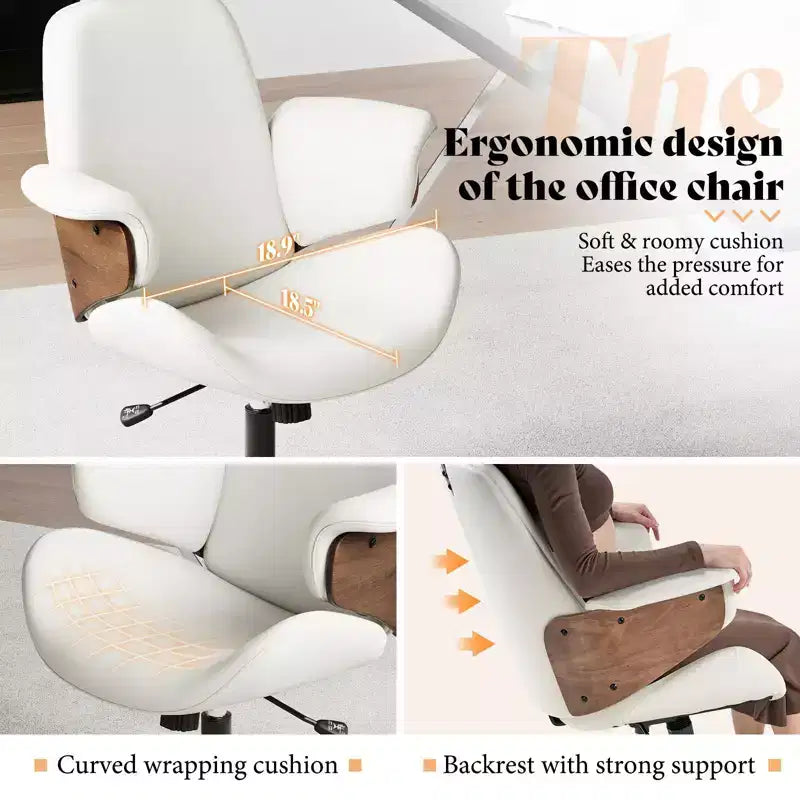 Chaise de bureau à roulettes, fauteuil pivotant en cuir PU, accoudoirs en bois courbé, réglable en hauteur