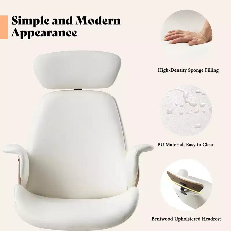 Chaise de bureau à roulettes, fauteuil pivotant en cuir PU, accoudoirs en bois courbé, réglable en hauteur