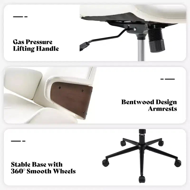 Chaise de bureau à roulettes, fauteuil pivotant en cuir PU, accoudoirs en bois courbé, réglable en hauteur