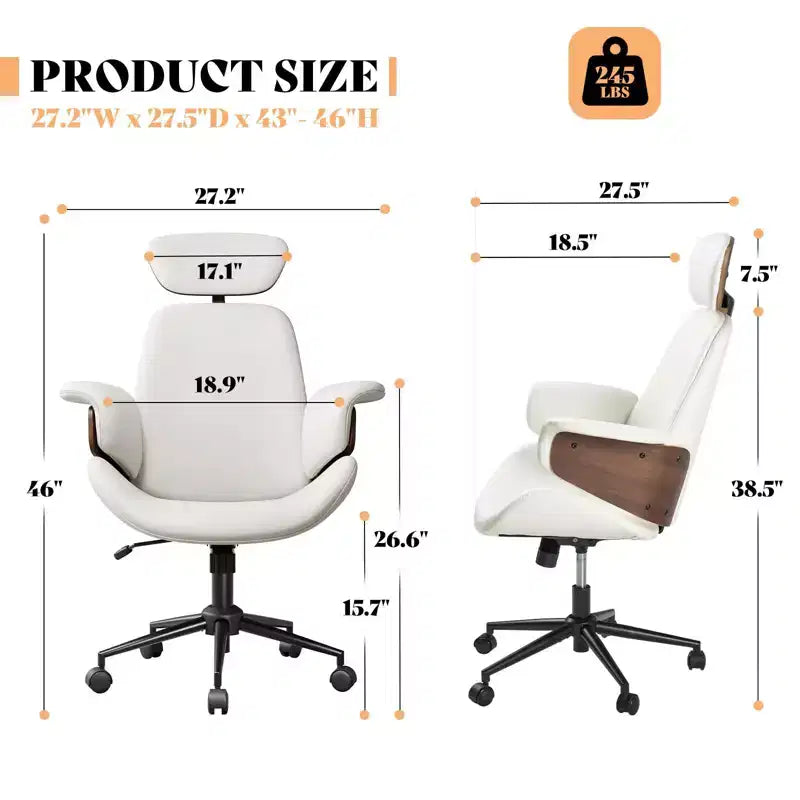 Chaise de bureau à roulettes, fauteuil pivotant en cuir PU, accoudoirs en bois courbé, réglable en hauteur
