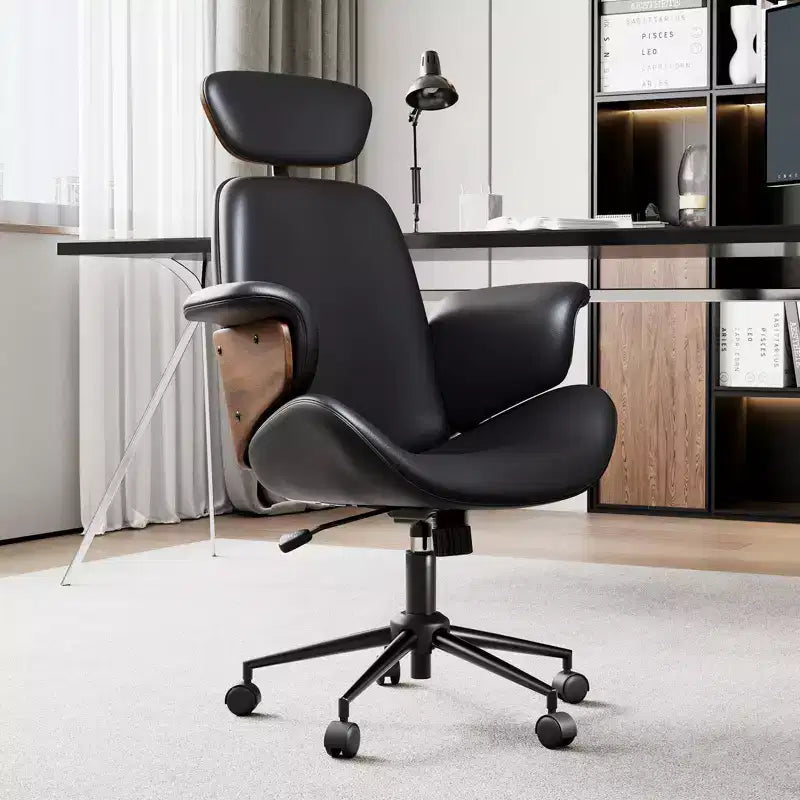 Chaise de bureau à roulettes, fauteuil pivotant en cuir PU, accoudoirs en bois courbé, réglable en hauteur