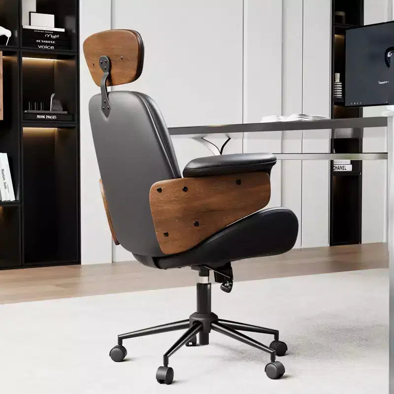 Chaise de bureau à roulettes, fauteuil pivotant en cuir PU, accoudoirs en bois courbé, réglable en hauteur