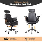 Chaise de bureau à roulettes, fauteuil pivotant en cuir PU, accoudoirs en bois courbé, réglable en hauteur