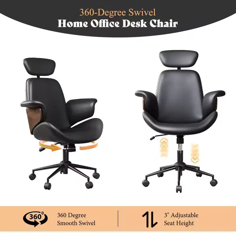 Chaise de bureau à roulettes, fauteuil pivotant en cuir PU, accoudoirs en bois courbé, réglable en hauteur