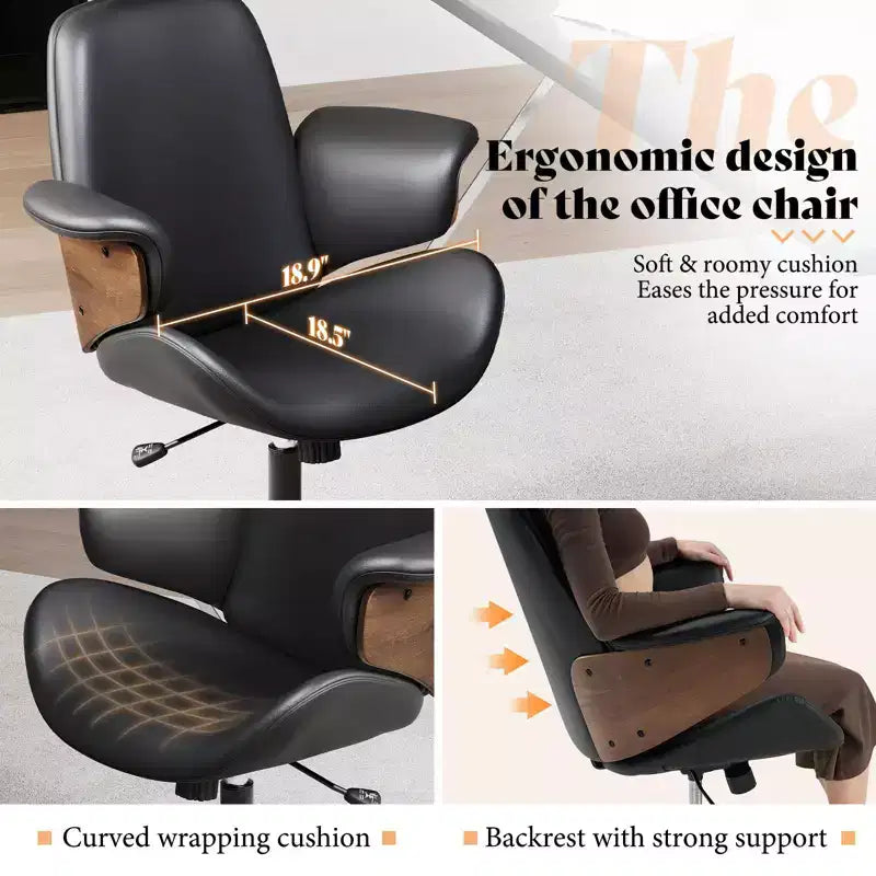 Chaise de bureau à roulettes, fauteuil pivotant en cuir PU, accoudoirs en bois courbé, réglable en hauteur