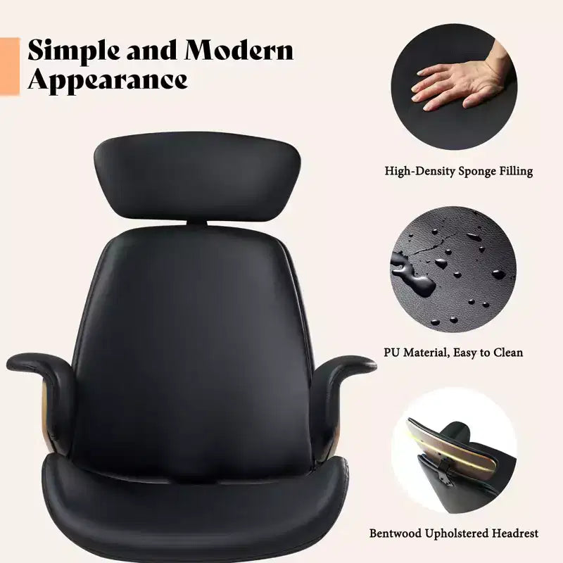 Chaise de bureau à roulettes, fauteuil pivotant en cuir PU, accoudoirs en bois courbé, réglable en hauteur