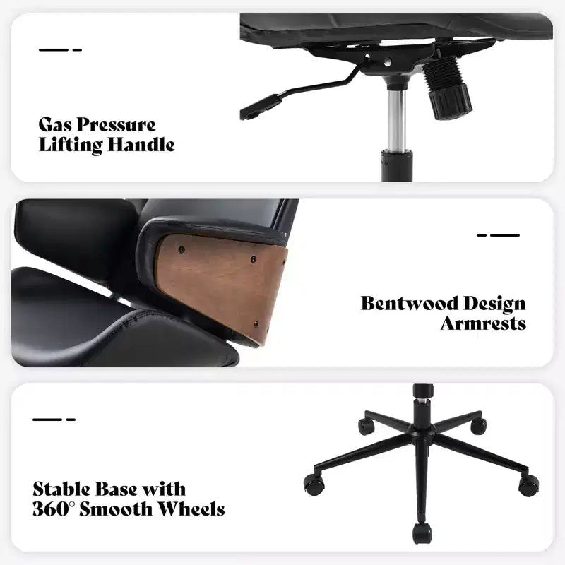 Chaise de bureau à roulettes, fauteuil pivotant en cuir PU, accoudoirs en bois courbé, réglable en hauteur
