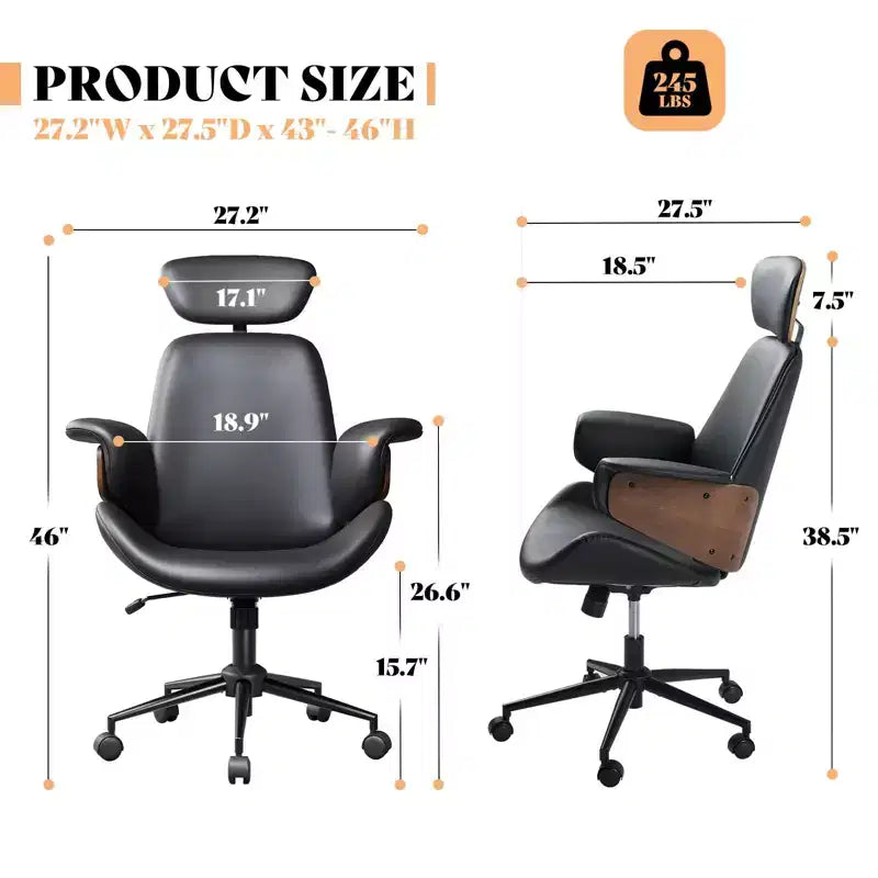 Chaise de bureau à roulettes, fauteuil pivotant en cuir PU, accoudoirs en bois courbé, réglable en hauteur