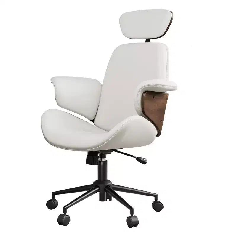 Chaise de bureau à roulettes, fauteuil pivotant en cuir PU, accoudoirs en bois courbé, réglable en hauteur