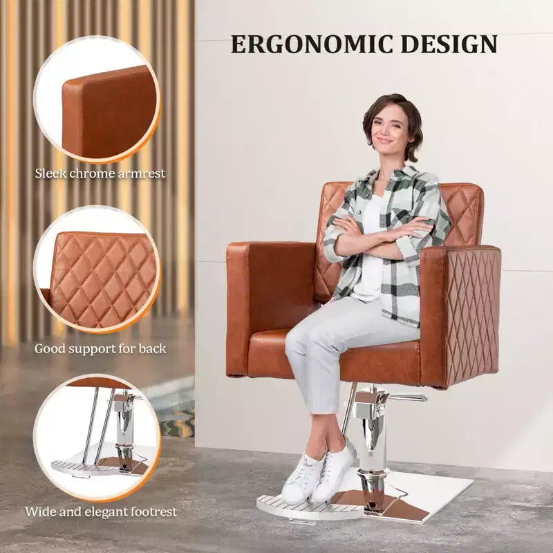 Fauteuil de salon de coiffure professionnel marron avec siège large et hydraulique robuste