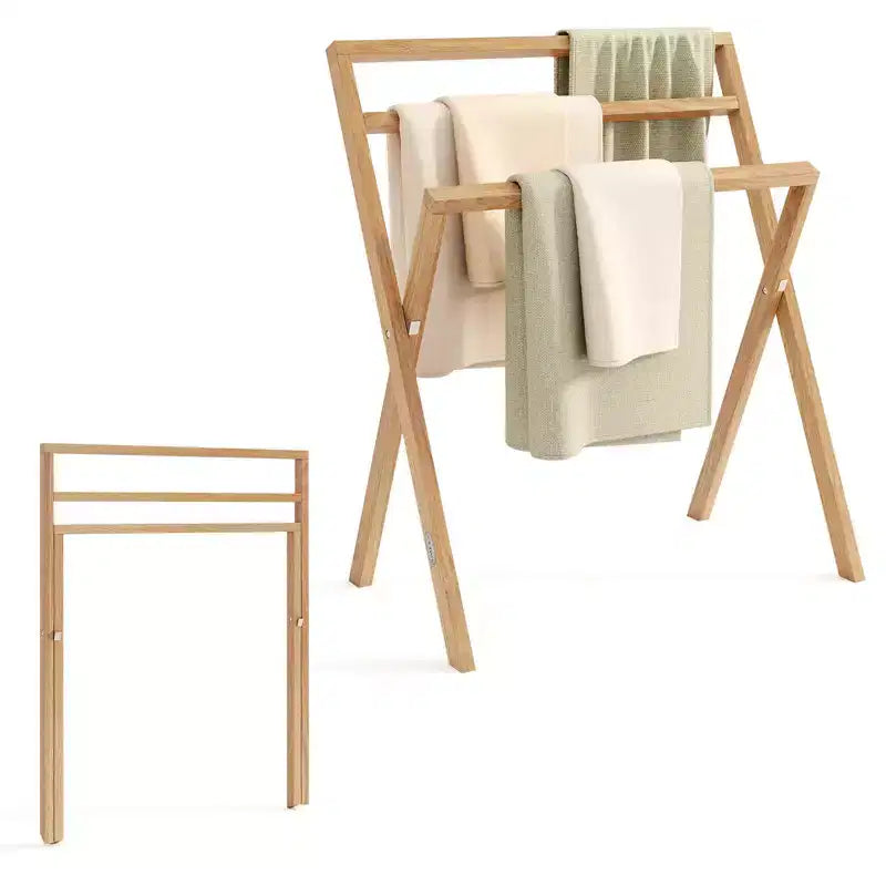 Porte-serviettes autoportant pliable en bois de teck avec 3 barres transversales de suspension